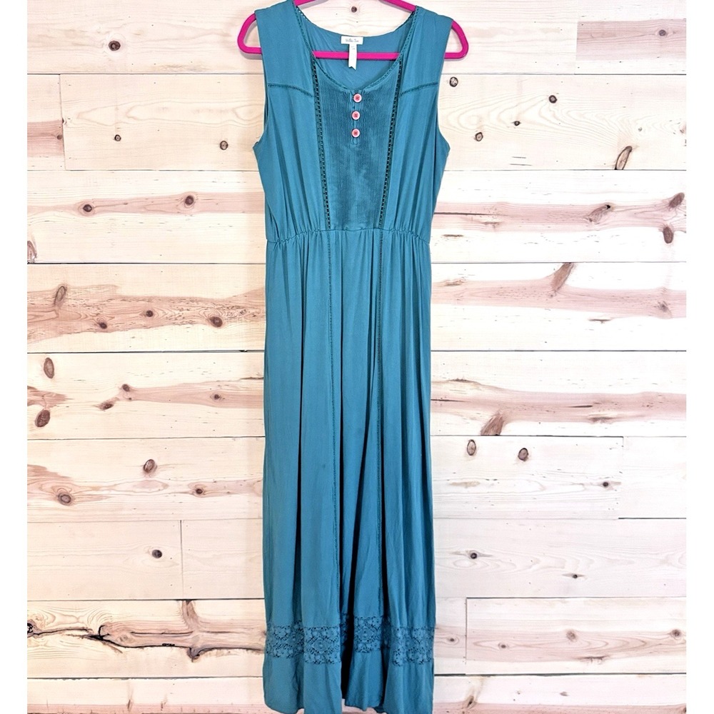 Matilda Jane Down In The Valley Dress Large Teal Green Lace Trim Maxi Boho